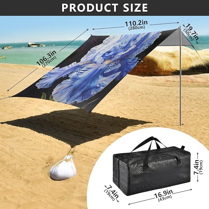 ALAZA Blue Iris Flower Painting Beach Tent Sun Shelter UPF50+ Protection Beach Shade Canopy w/ 4 Sandbags for Outdoor Camping Fishing Backyard Fun Picnic 10x9 ft