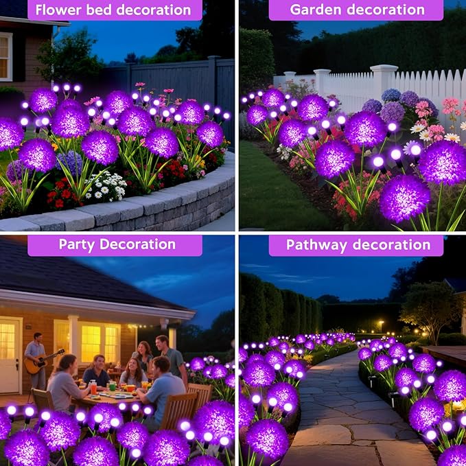 Solar Garden Lights 4 Pack Solar Purple Swaying Firefly Lights with Flowers Waterproof Purple Halloween Flowers Light Outdoor for Garden Patio Yard Fall Decoration Gifts for Women Mother's Day