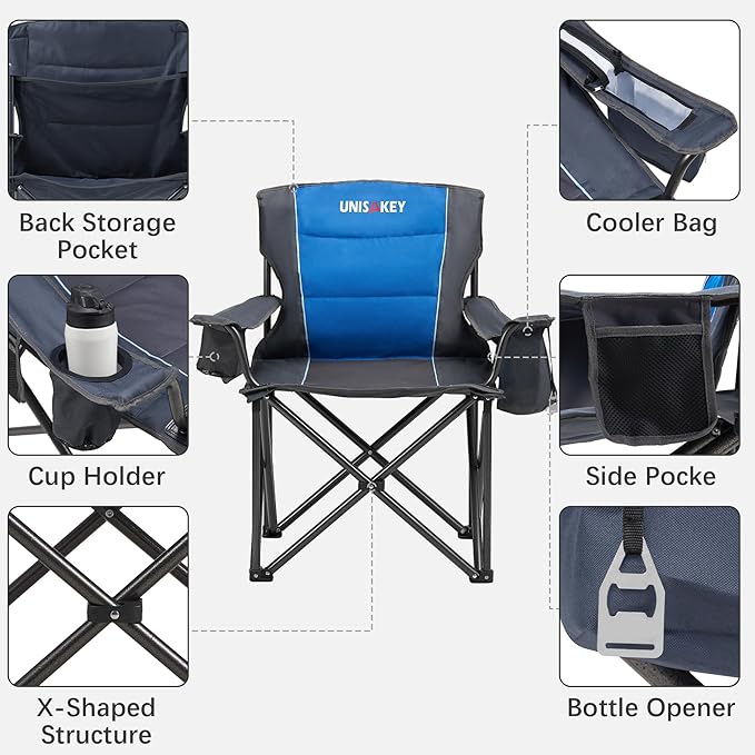 Oversized Folding Camping Chair for Adults - 450lbs Support - Heavy Duty Portable Lawn Chairs with Side Pocket Cup Holder Cooler Bag for Sports Garden Beach Fishing Blue