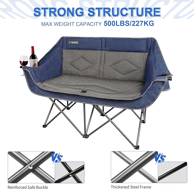 Oversized Double Camping Chair-Heavy Duty 2 Person Folding Loveseat Camp Couch for AdultsPortable Outdoor Lawn Chairs with Padded Seat for FishingSports and PatioSupports 500 LBSBlue