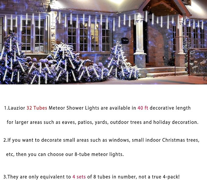 Christmas Decoration Outdoors- 32 Tubes (Equivalent to 4 Sets of 8-Tubes) Meteor Shower Rain Lights White Falling Rain Lights for Christmas Decor Xmas Tree Halloween Yard Wedding Party UL Plug