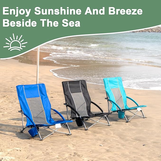 Romswi Low Beach Chairs for Adults 2 Pack Lightweight Folding Sand Chairs with Breathable Mesh Back &amp Cup Holder Portable Compact Camping Chairs 400lbs CapacityGreen