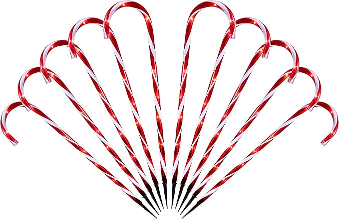 26 Christmas Candy Cane Pathway Markers Lights Set of 10 Pack Christmas Outdoor Decorations Candy Cane Lights for Yard Patio Garden Walkway Indoor Décor Landscape Path Festival Holiday Red