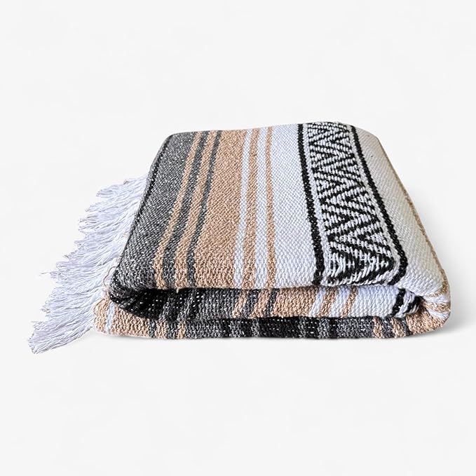 Authentic Handwoven Mexican Blanket Falsa Serape - Soft &amp Durable - Vibrant Beach Picnic Yoga &amp Camping Mat - Traditional Boho Throw - Outdoor Blanket 70x50 (Haze)