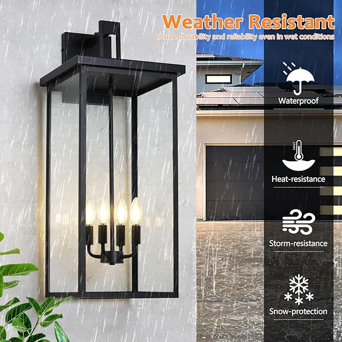 tewei 26in Large Size Dusk to Dawn Outdoor Wall Lights Matte Black Exterior Lighting Fixtures Modern Outdoor Porch Lights for House with Clear Shade Outdoor Wall Sconce Light for Garage(1 Pack)