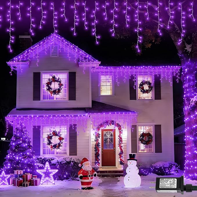 YEGUO 33ft 400 LED Purple Icicle Christmas Lights Outdoor Waterproof 80 Drops Icicle Light Connectable 8 Modes Christmas Lights Indoor with Memory Timer