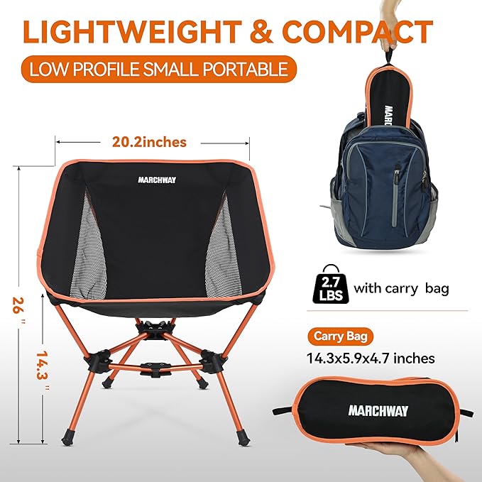 MARCHWAY Lightweight Folding Camping Chair Portable Foldable Compact for Outdoor Camp Travel Beach Picnic Festival Hiking Backpacking Supports 330Lbs (Orange)