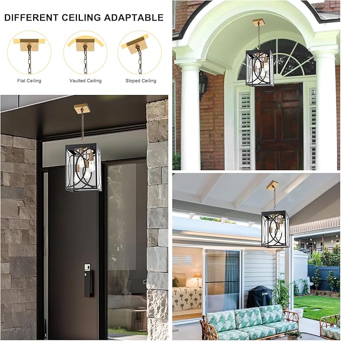 4-Lights Large Outdoor Pendant Light Fixture E26 Bulb Base Porch Hanging Lighting in Black &amp Brushed Brass Modern Exterior Lantern Chandelier Ceiling Mount for Patio Front Door