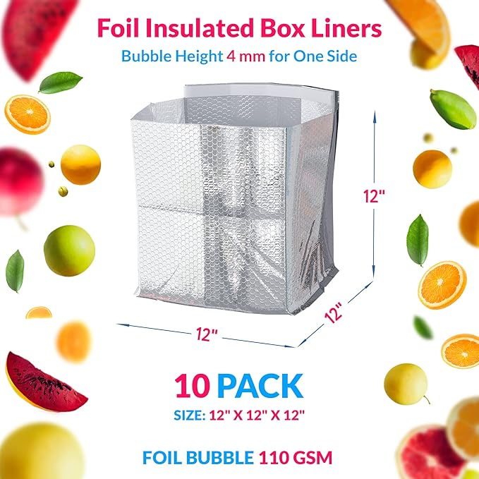 ABC PACK &amp SUPPLY 10 Pack Silver Foil Insulated Box Liners 12 x 12 x 12 inches. Shipping Boxes for Frozen Food Odorless Insulated Containers. Leakproof Cold Shipping Boxes for Frozen Fish Meat