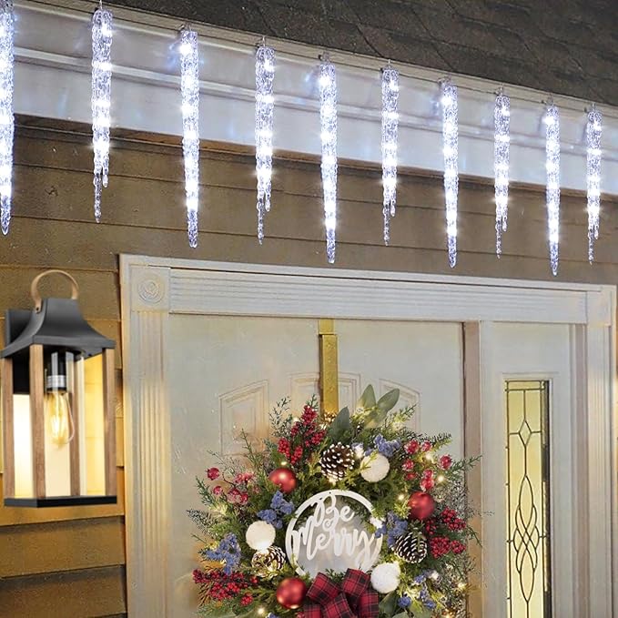 Cool White Christmas Icicle Lights - 20 Large Tubes Outdoor/Indoor Crystal Ice Hanging Lights 29FT 8 Mode with Timer Meteor Shower LED Light for Decoration
