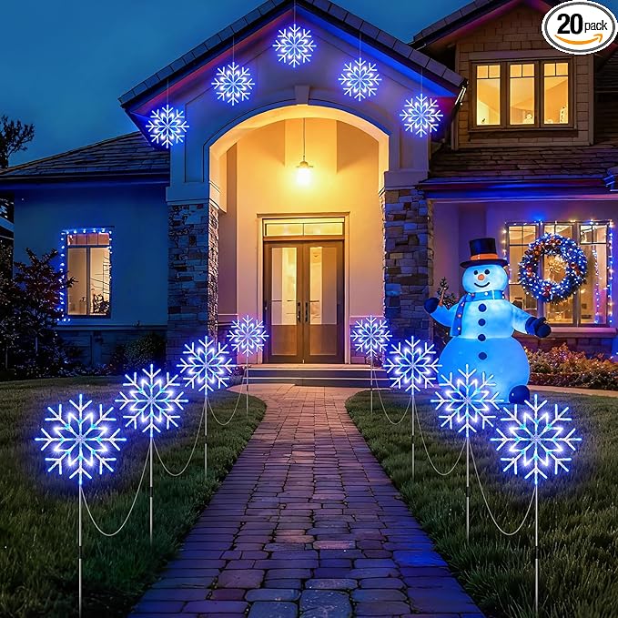 Brightown Snowflake Lights OutdoorTotal 20-Pack Snowflake Christmas Pathway Lights Outdoor Christmas Decorations Yard Sidewalk Walkway Driveway Marker Stake Blue &amp White