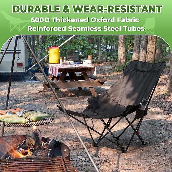 Karenhi Reclining Camping Chair with Footrest Portable Hammock Chair with Adjustable 4 Position Backrest Supports 330lbs Foldable Lounge with Storage Bag for Camping Outdoor Patio Black