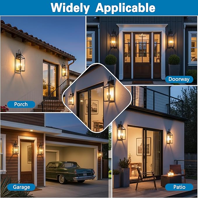 26 Dusk to Dawn Outdoor Wall Light with Sensor - Waterproof Exterior Wall Sconce for Porch Patio Garage Front Door Balcony Entry Modern Hardwired Lantern in Black Metal &amp Glass 3 Light - 2 P