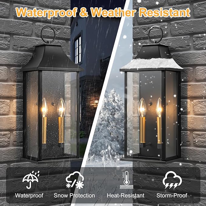 Dusk to Dawn Outdoor Wall Lantern 2-Light 20.6 Large Outside Wall Sconce Modern Black Wall Light Fixture with Glass Waterproof Exterior Lamp for House Porch Garage