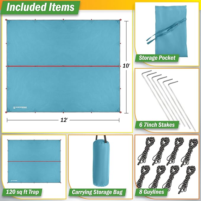 Camping Tarp for Tent or Hammock Rain Fly - 10 x 12 Tarp for Camping Hiking Backpacking or Portable Lightweight Survival Shelter UV Protection and 3000mm Water Resistant by Wakeman Outdoors (Blue)