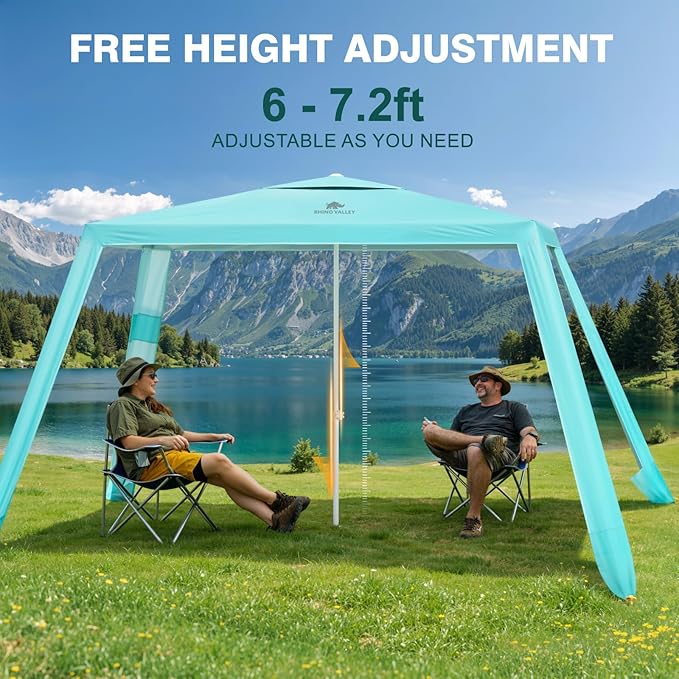 Rhino Valley Beach Cabana 8 * 8FT Beach Shade Canopy Tent UPF50+ Protection Easy Setup Wind Resistant with Cup Holder Portable Foldable Beach Tent Sun Shelter for Whole Family Turquoise Green