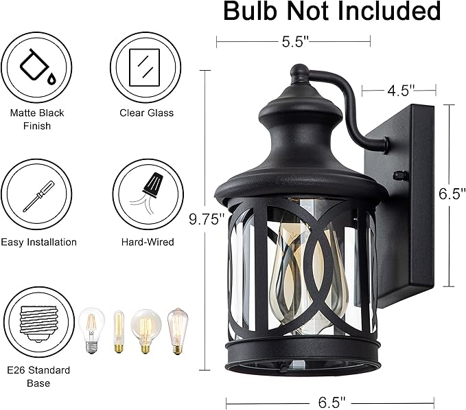 2-Pack Outdoor Wall Lights Porch Lights Waterproof Outdoor Wall Sconce Exterior Light Fixtures Matte Black with Clear Glass Shade for House Garage Patio Front Door Balcony