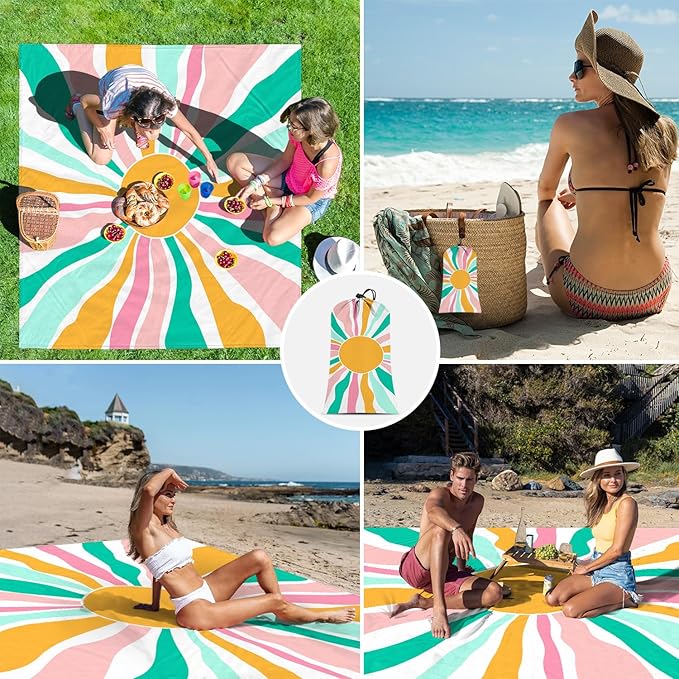 Beach Blanket Waterproof Sandproof Large Picnic Blankets with Stakes and Storage Bag Lightweight Quick Drying Compact Beach Mat Vacation Essentials for Outdoors Camping Trips-Spring Sunshine