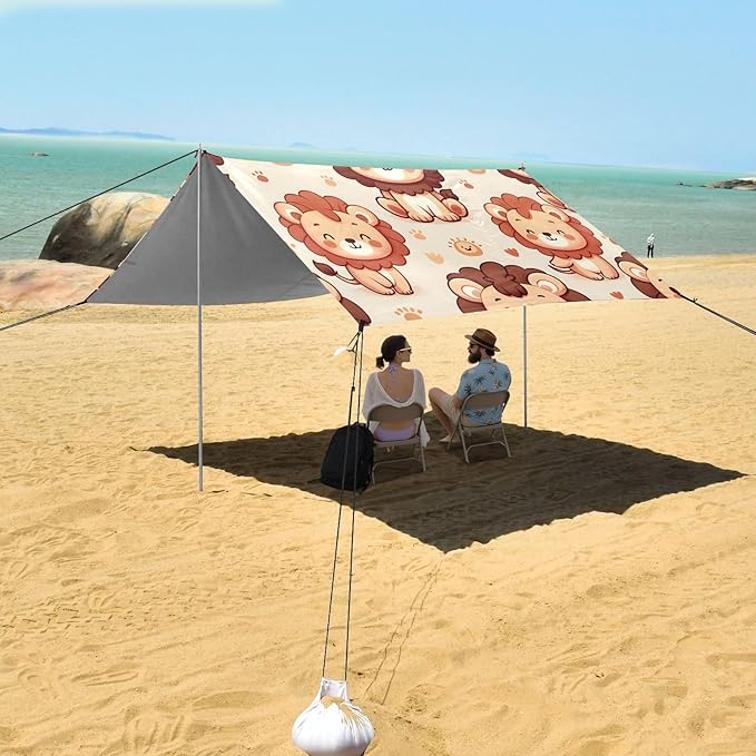 Cute Lion Character Camping Sun Shelter Beach Tent Portable Beach Sun Shade Outdoor Canopy for Camping Trips Fishing Picnic