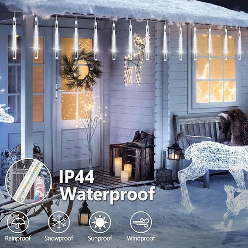 2 Pack Christmas Lights Outdoor Expandable Meteor Shower Lights with Timer Waterproof Falling Rain Light with 16 Tubes 384 LED Plug in Suitable for Garden House Xmas Tree Decorations (Cool White)