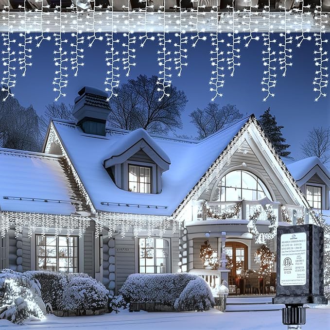 Brightown Cluster Icicle Lights Outdoor 33FT 1020 LED Icicle Christmas Lights with 51 Drop12 Modes Cluster String Light with Timer Waterproof Firecracker Christmas Light Outdoor White