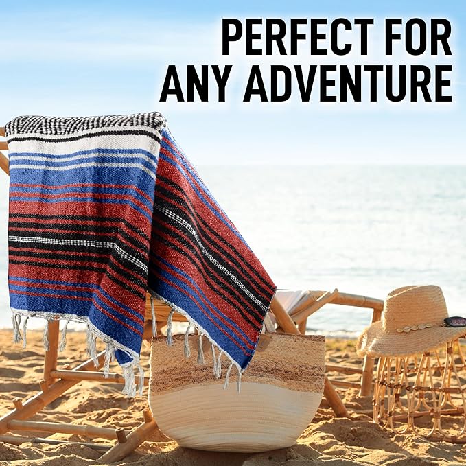 Hydration Nation Authentic Large Handwoven Mexican Striped Throw Blanket - Soft Durable Eco-Friendly - 70x50 - Mariner