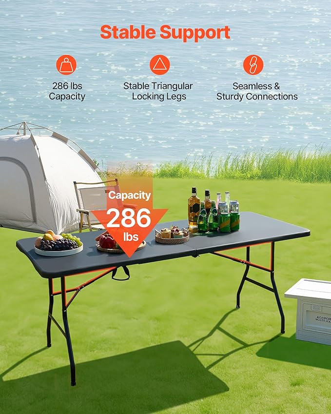 VEVOR Folding Table Heavy Duty Portable Fold-in-Half Utility Table Indoor Outdoor Plastic Rectangle Table with Built in Handle for Party Dining Wedding Events Picnic Camping 6 ft Black
