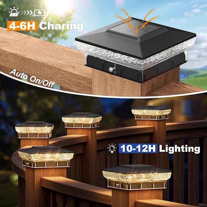 APONUO Solar Post Cap Lights for 4x4 Wood &ampVinyl Posts 3 Light Modes &amp 800mAh Battery IP65 Waterproof Rugged Unibody Solar Outdoor Lights for Fence Deck &amp Patio (Black 6 Pack)
