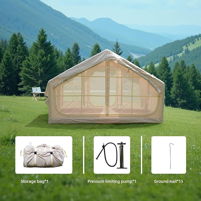 6.3 m² Inflatable Camping Tent 420D Oxford 4-Season Waterproof Clear Skylight &amp Mesh Windows Windproof Quick Setup 3-4 Person