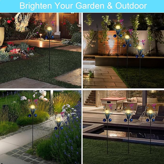 VCUTEKA Solar Lights Outdoor Metal Garden Stake Waterproof Crackle Glass Globe Garden Decor Fairy for Pathway Lawn Patio Yard