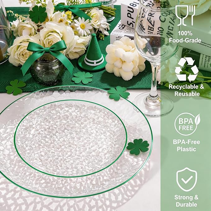Rubtlamp 60Pcs Plastic St Patricks Day Plates Plates Clear Plastic Disposable Plates With Green Rim Green Heavy Duty Fancy Hammered Party Plate Include 30 Dinner Platos30 Salad Platos for Easter