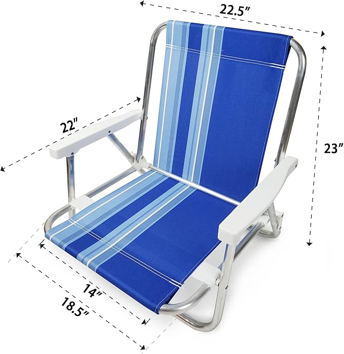 Beachland 1 Position Aluminum Folding Sand Chair with Armrests - Lightweight Beach Chair - Small and Portable (1 Blue Stripes)