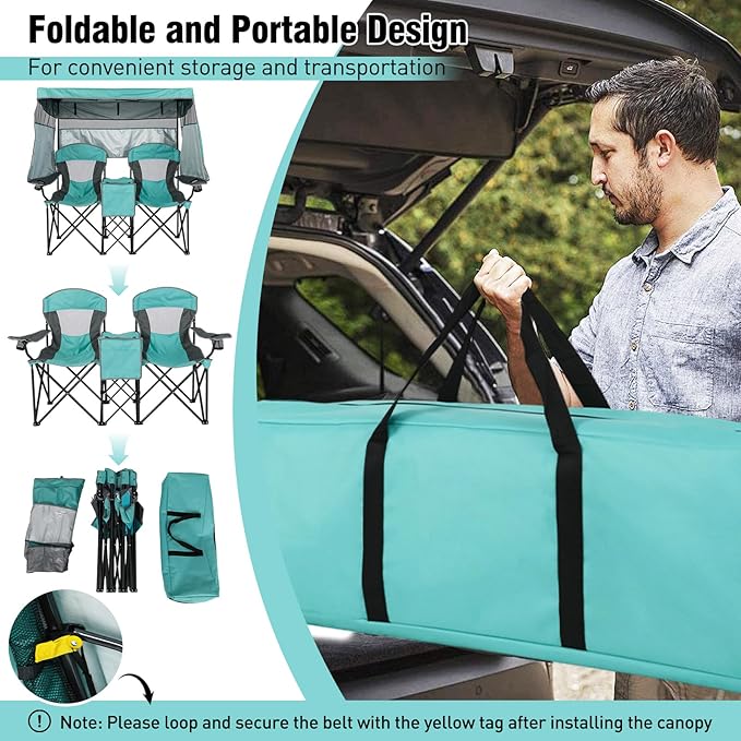 S AFSTAR Camping Chair with Canopy 2-Person Folding Beach Chair with Cup Holders 3-Side Shading Curtains &amp Cooler Bag Foldable Loveseat Lawn Chair for Camping Outdoor &amp Fishing (Turquoise)