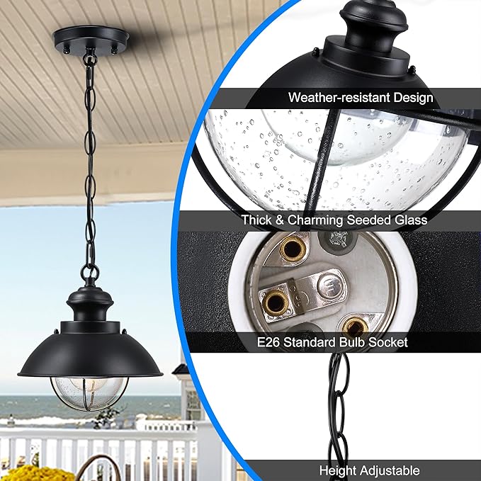 Outdoor Hanging Lights Farmhouse Exterior Pendant Light Lantern with Adjustable Chain Matte Black Outdoor Chandelier with Seeded Glass for Front Porch Gazebo Entryway Breezeway Pergolas