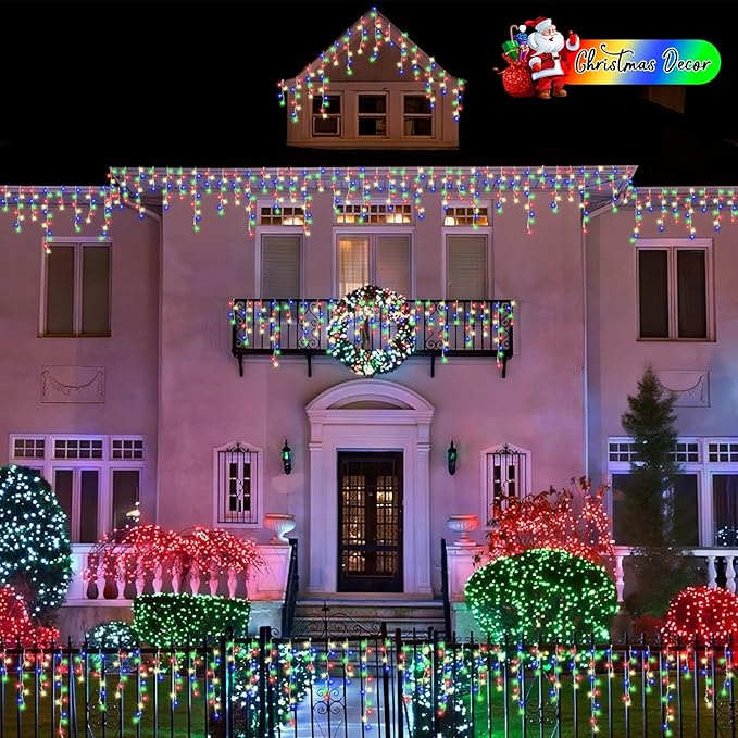 QITONG Multicolor Icicle Lights for Outside 33ft 400 LED String Lights Indoor Clear Wire Connectable Icicle Christmas Lights Plug in with 8 Modes