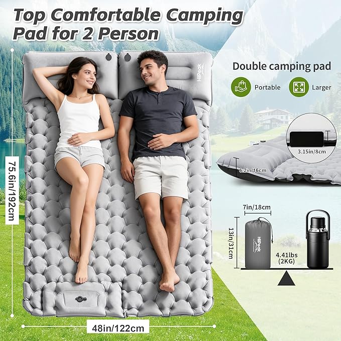 HiiPeak Double Sleeping Pad for Camping - Ultralight Camping Mattress with Pillow Built-in Foot Pump Compact Inflatable 2-Person Portable Mat for Backpacking Hiking Car Traveling Beach Tent