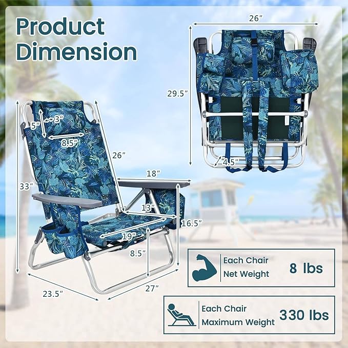 Tangkula Set of 2 Backpack Beach Chair 5-Position Lay Flat Beach Chairs with Cooler Bag 2 Cup Holders Towel Bar Lightweight Folding Beach Chair with Backpack Straps
