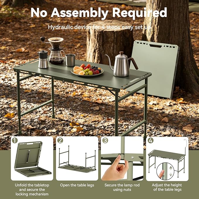 3.4 Ft Folding Camping Table - 12 lb Lightweight Portable Picnic Table with Adjustable Height &amp Carry Handle - Large Folding Table for Outdoor BBQ Beach Hiking &amp Home (Green)