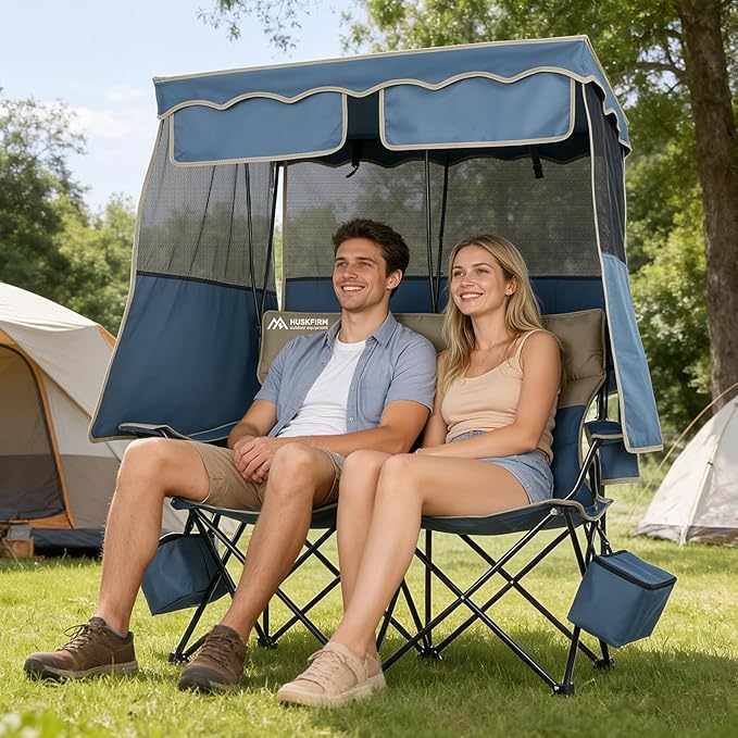 Double Beach Chair With Canopy Shade Camping Chair With Canopy Oversized Double Camping Chair With Canopy Folding Loveseat Chair With Two Cup Holders and Cooler Bag For CampingBeach Fishing