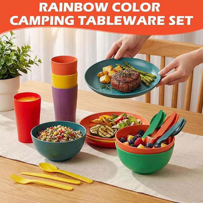 Remerry 6 Sets Camping Mess Kit with Plates Bowls Cups Spoon Fork and Knife Cutlery in 6 Colors Tableware Reusable Plastic Tableware Set for Travel Picnic Camping Necessity Home Party