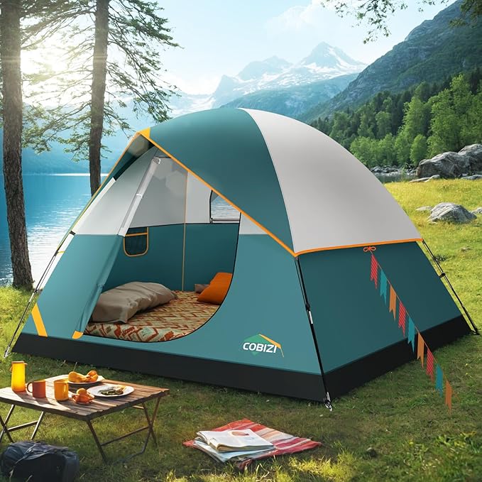 COBIZI Camping Tent 4 Person Easy Setup Waterproof Windproof Backpacking Tent with Removable Rainfly Lightweight Portable Outdoor Family Tents for Camping Travel Fishing Hiking Scouts (Green)