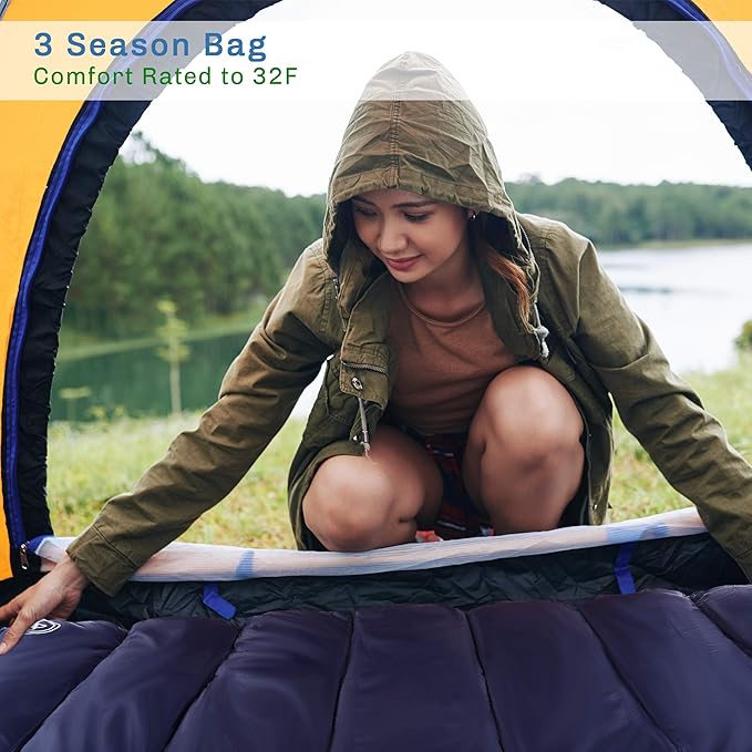 Sleeping Bag - 32F Comfort Rated 3-Season Envelope-Style Sleep Bag with Hood for Backpacking Hiking and Camping by Wakeman