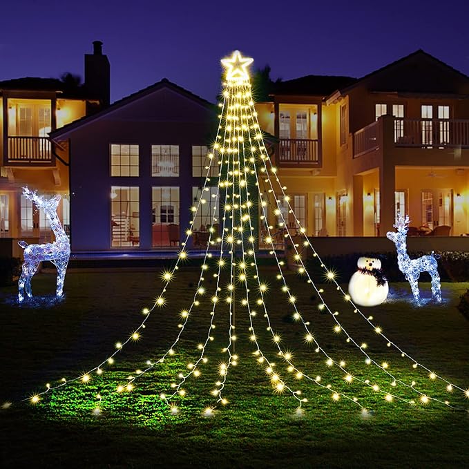 BlcTec Outdoor Christmas Decorations 317 LED Christmas Lights with 9 Strands 11.9ft Waterfall Christmas Tree Lights 8 Modes Waterproof Topper Star &amp Timer for Yard Patio Xmas Décor Warm White