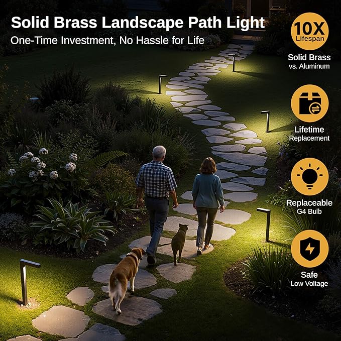 Gardenreet Low Voltage Pathway Lights Brass LED Landscape Path Lights Yard Lights Outdoor Waterproof IP65 12V Wired L Shape Bronze for Garden Walkway Without G4 Bulb 4 Pack