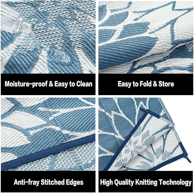 HUGEAR 5'x8' Outdoor Rug Waterproof Plastic Straw Rugs Blue Reversible Floral Mat Floor Carpet for Camping RV Deck Entryance Porch Picnic Balcony Beach Backyard