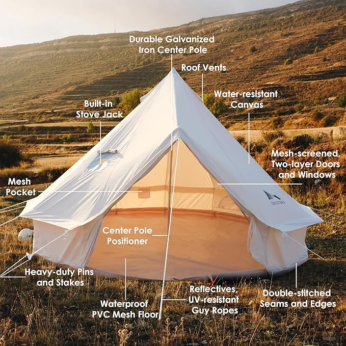 SOLSTUKUCanvas Tent Bell Yurt 4 Seasons for Camping with Stove Jack Breathable Holds up to 6 People Family Camping Outdoor Hunting Party
