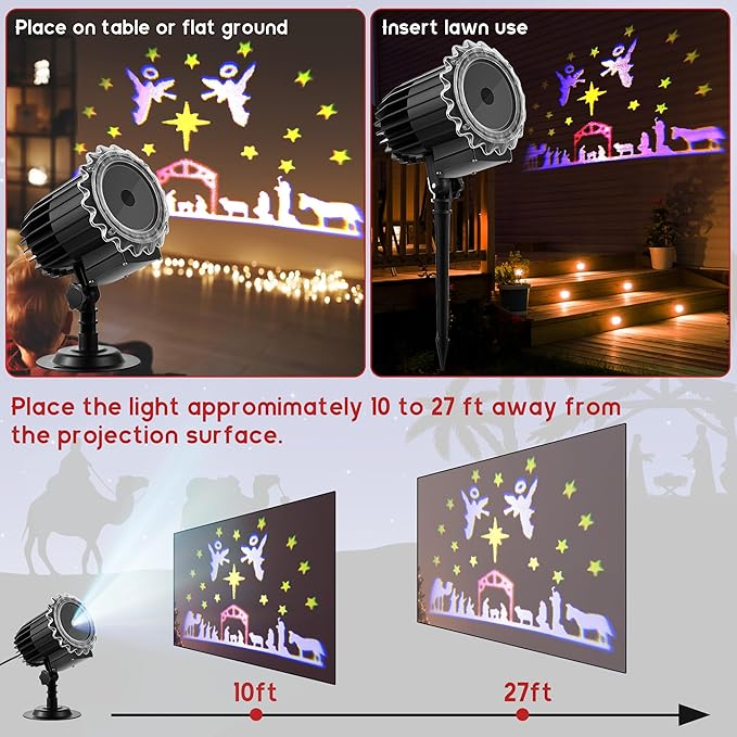 Meonum Christmas Nativity Scene Projector Lights Outdoor Upgrade Waterproof Nativity Silhouette Light Power Supply with Remote Control Scene onto Outdoor Indoor Wall Windows Garage Doors