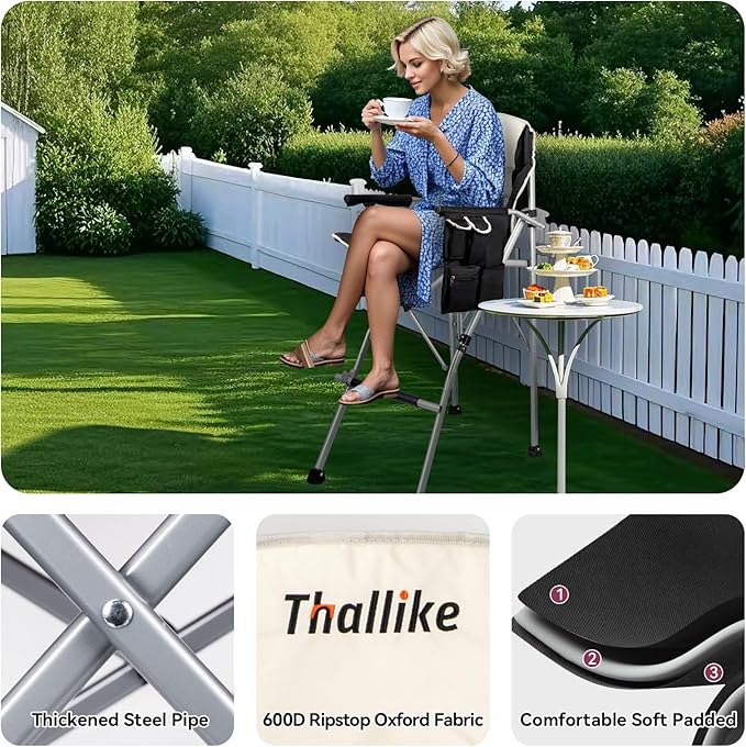Foldable Directors Makeup Salon High Chair - Portable Camping Bar Height Folding Photoshoot Chairs with Stroage Bag Cup Holder Non-Slip Footrest Supports 400 lbs Black Tall Director Chair