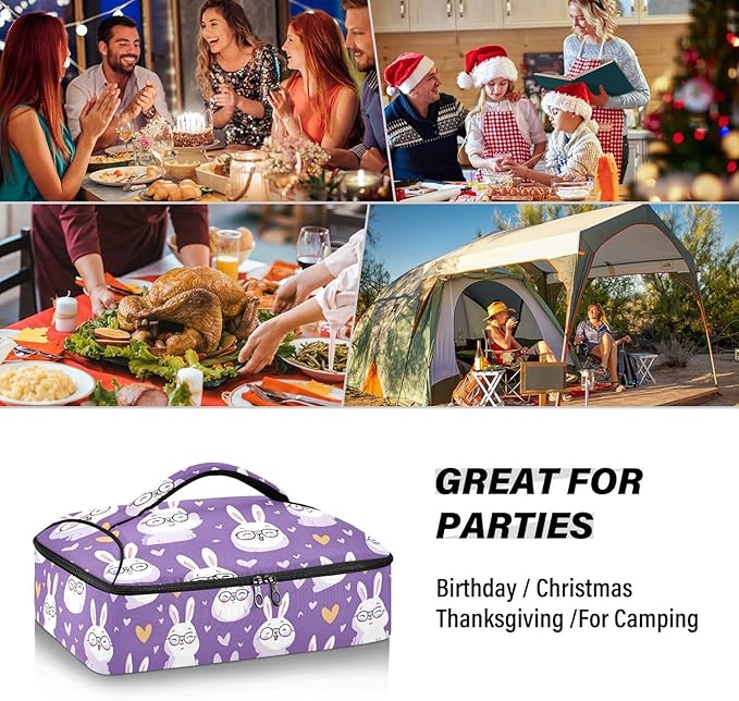 Casserole Carrier Purple Rabbit PatternInsulated Casserole Carrier for Hot or Cold Food Thermal Lunch Tote for Potluck Parties Picnic Beach Fits 9 x 13 Inches Baking Dish