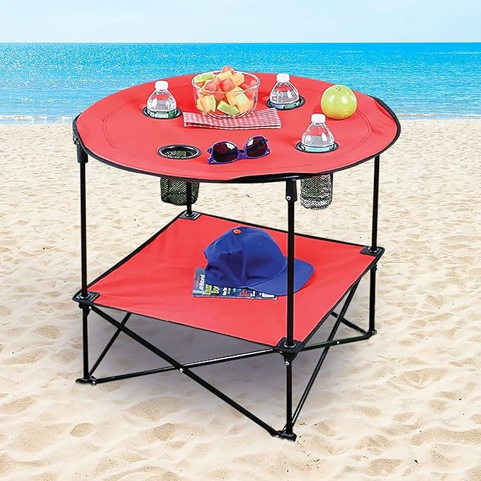 Etna Portable Camping Table Folding Camp 28 Inch Foldable Beach Outdoor with Cup Holders &amp Carry Bag for Camping Beach Backpacking Tailgating Patio RV - Red (5075-RED)